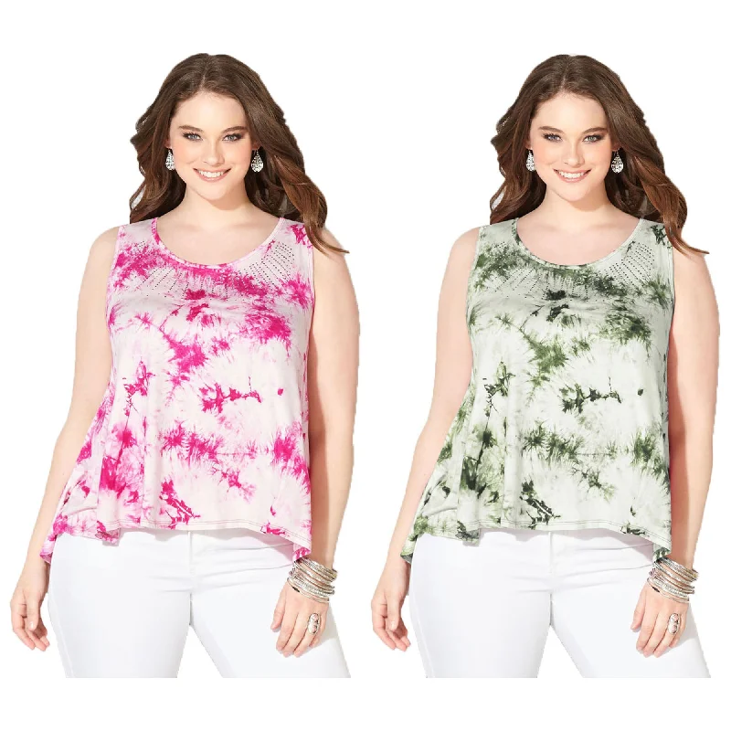 Avenue Pink or Green Tie Dye Sleeveless Embellished Swing Tank Top