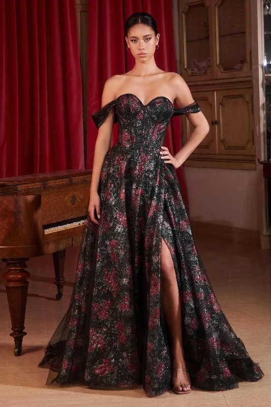 Ladivine CD806 - Corset Bodice Floral Print Gown