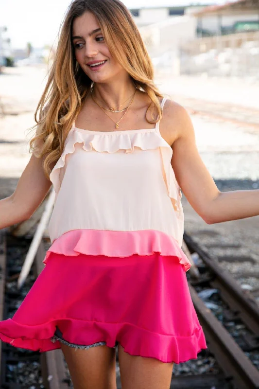 Tammy Peach/Fuchsia Ruffle Crepe Tank Top