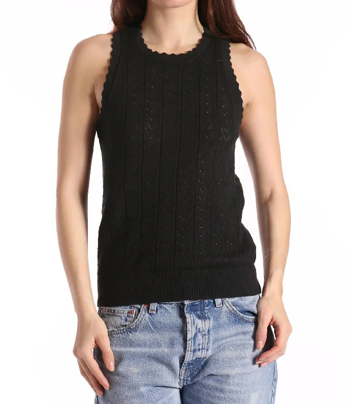 Cotton Cashmere Heart Pointelle Scalloped Tank In Black