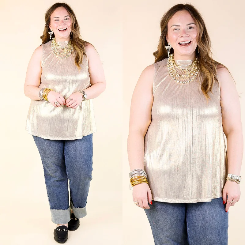 Extra Magic Mock Neck Metallic Tank Top with Tie Back in Gold