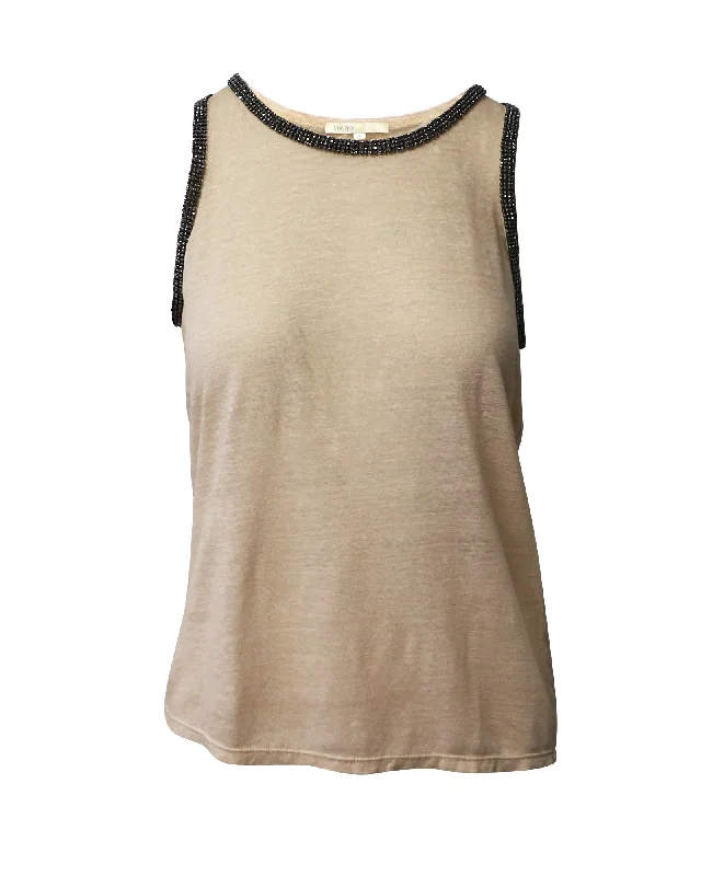 Maje Tank Top Jewel Neckline in Beige Linen