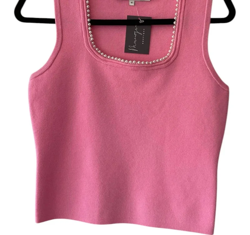 Pearl Trim Knit Tank Top In Pink