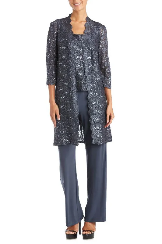 R&M Richards Metallic Lace Tank Top And Pant Set With Sheer Lace Jacket