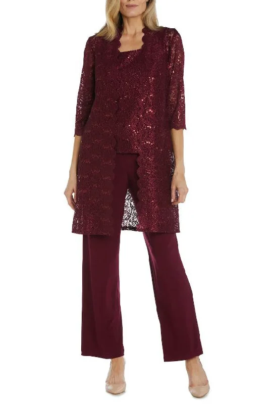 R&M Richards Metallic Lace Tank Top and Pant Set with Sheer Lace Jacket